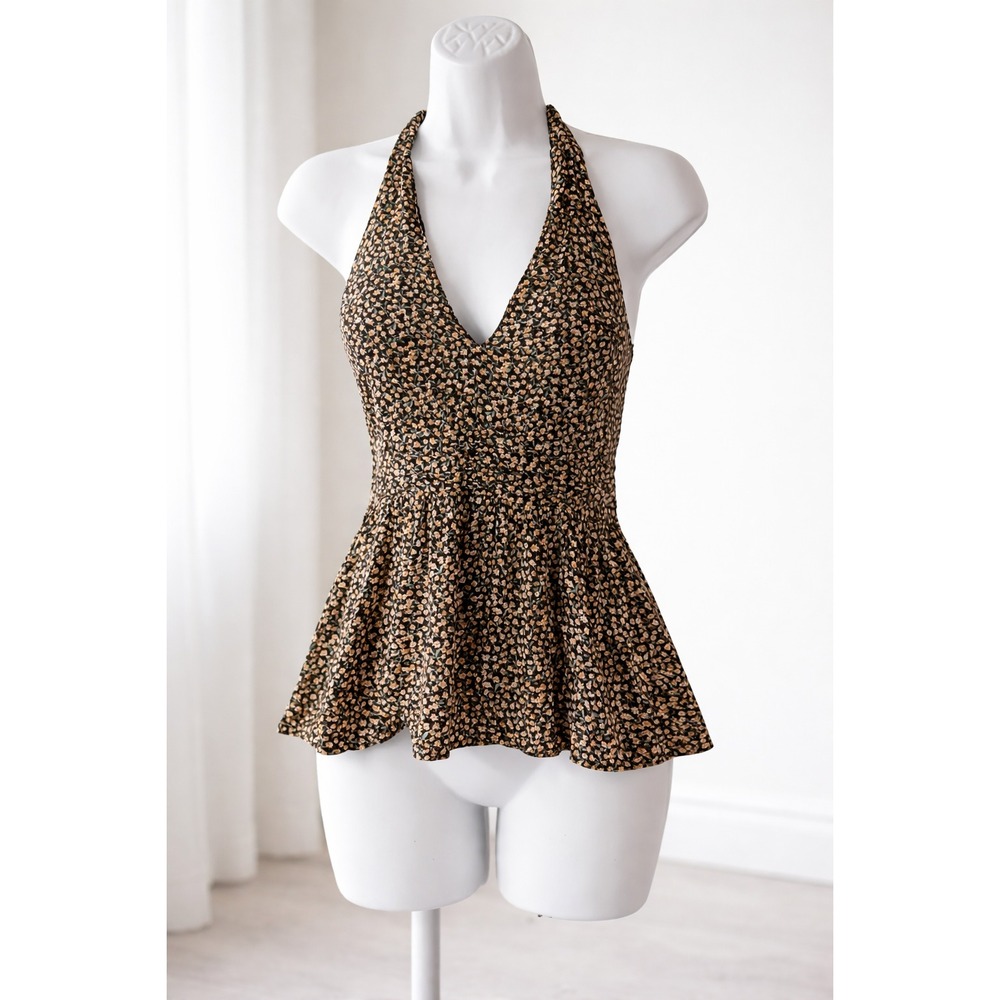 American Eagle Medium Halter Top Black Sleeveless Floral‎ Open Back V-Neck Boho
